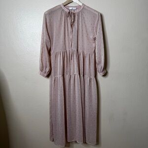 Mango Dress Women's 4 Blush Pink Maxi  Tie-Neck Long Sleeve Sheer Boho